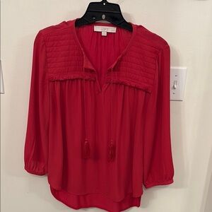 LOFT Red Smocked Bib Collar Blouse